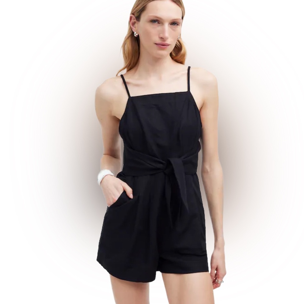NWT 🖤 Madewell Linen-Blend Tie-Waist Romper, Adjustable Cami Straps, Pockets, 14